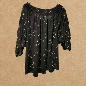 Chelsea28 Womens Top, Sz L, Black, Allover white Bird.